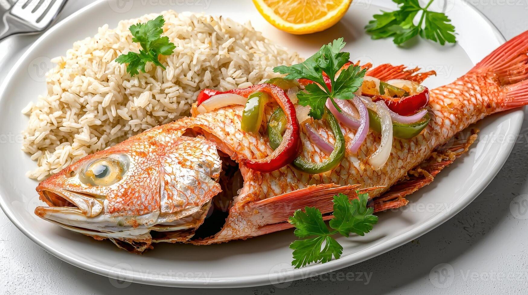 A fish with vegetables and rice on a plate photo