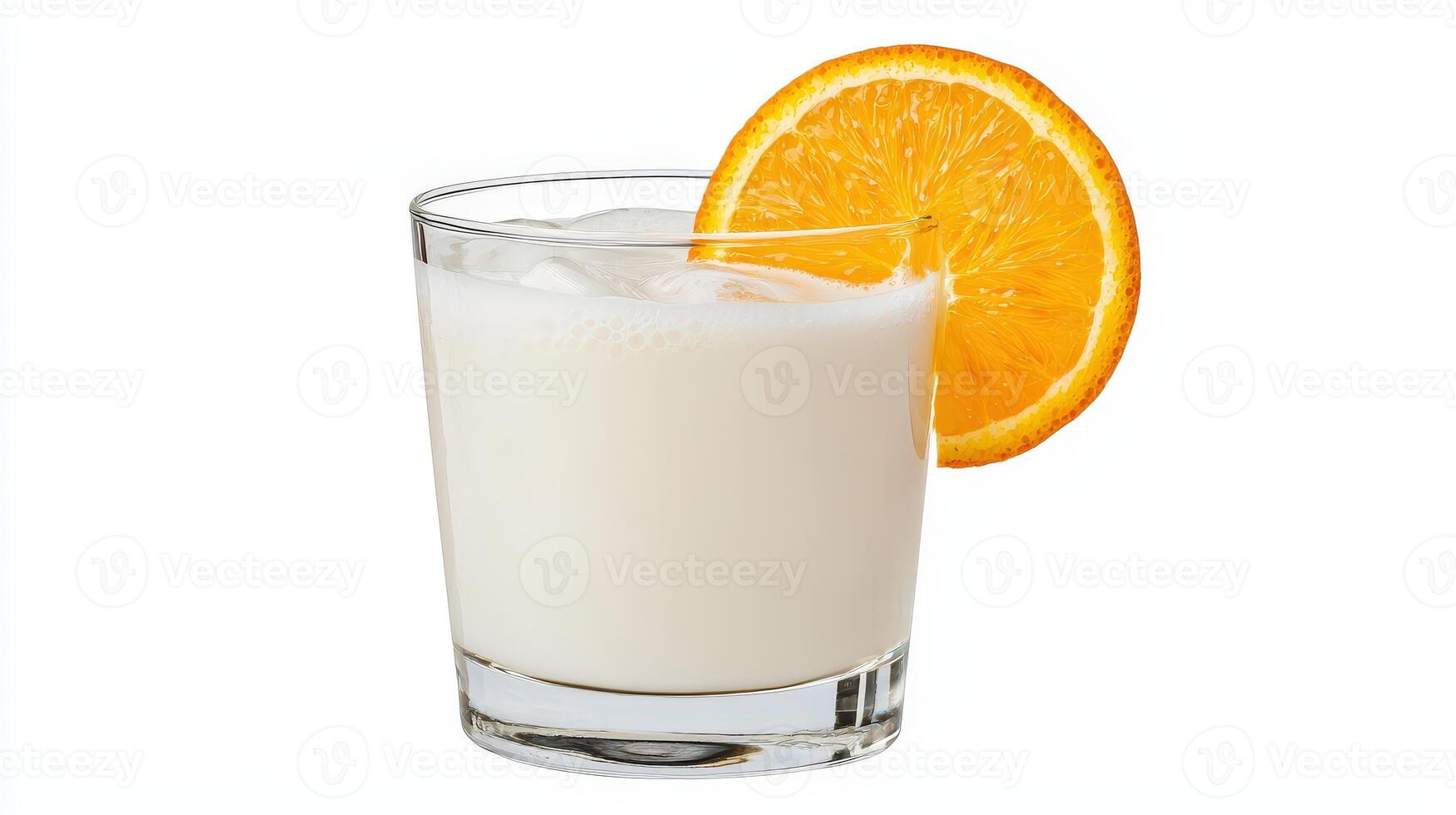 A glass of milk with an orange slice photo