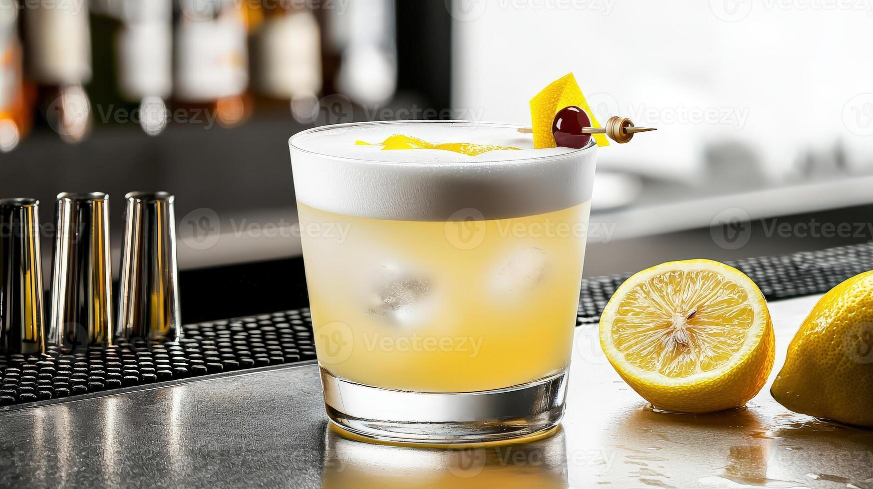 A drink with a lemon and a cherry on top photo