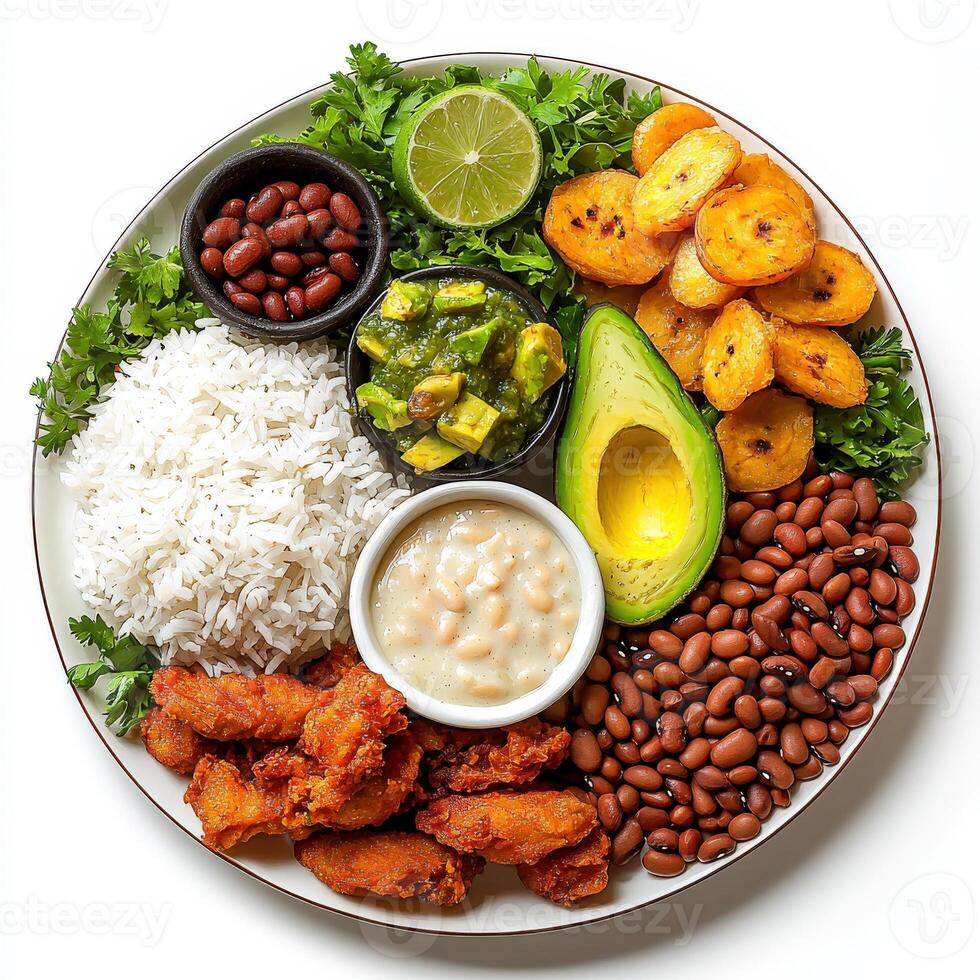 A plate of food with beans, rice, avocado, and other ingredients photo