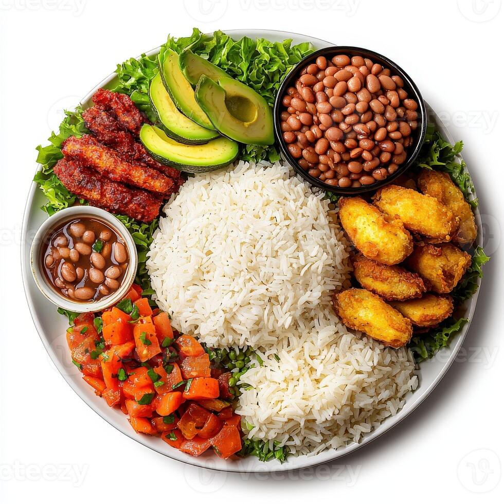 A plate with rice, beans, and vegetables photo