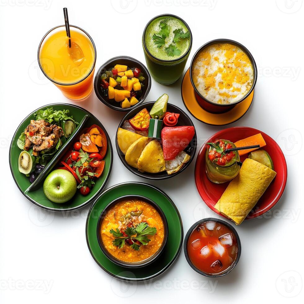 Various types of food on plates and cups photo