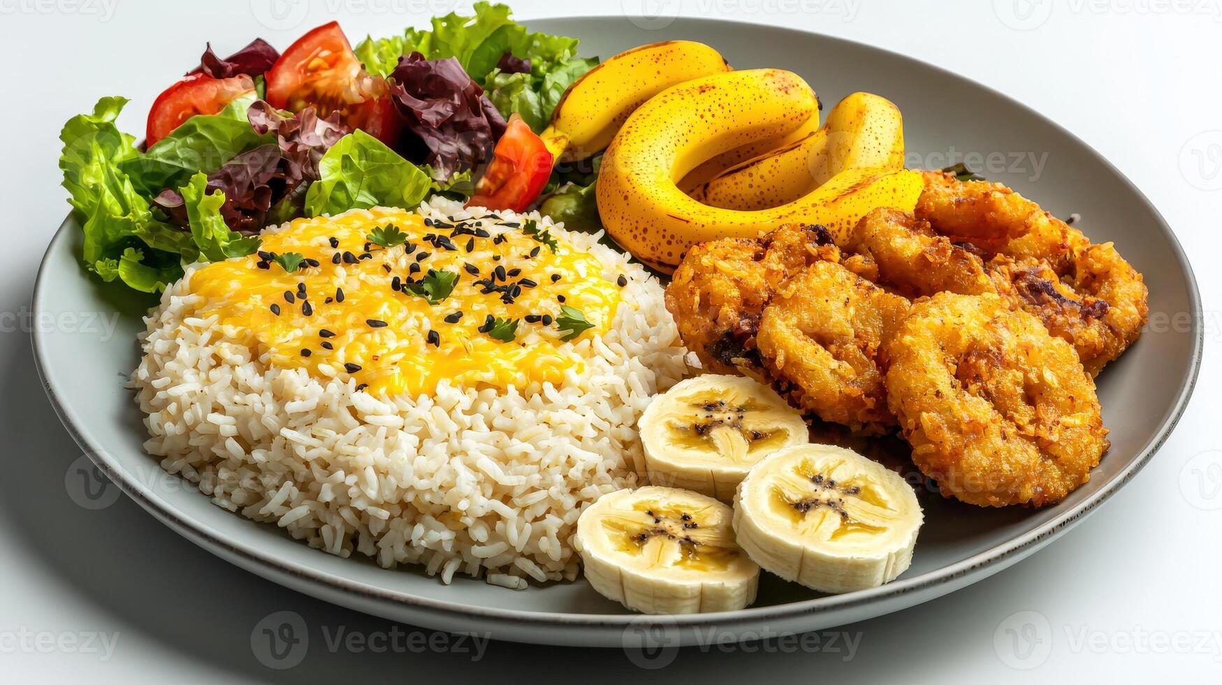 A plate of food with rice, bananas, shrimp, and eggs photo