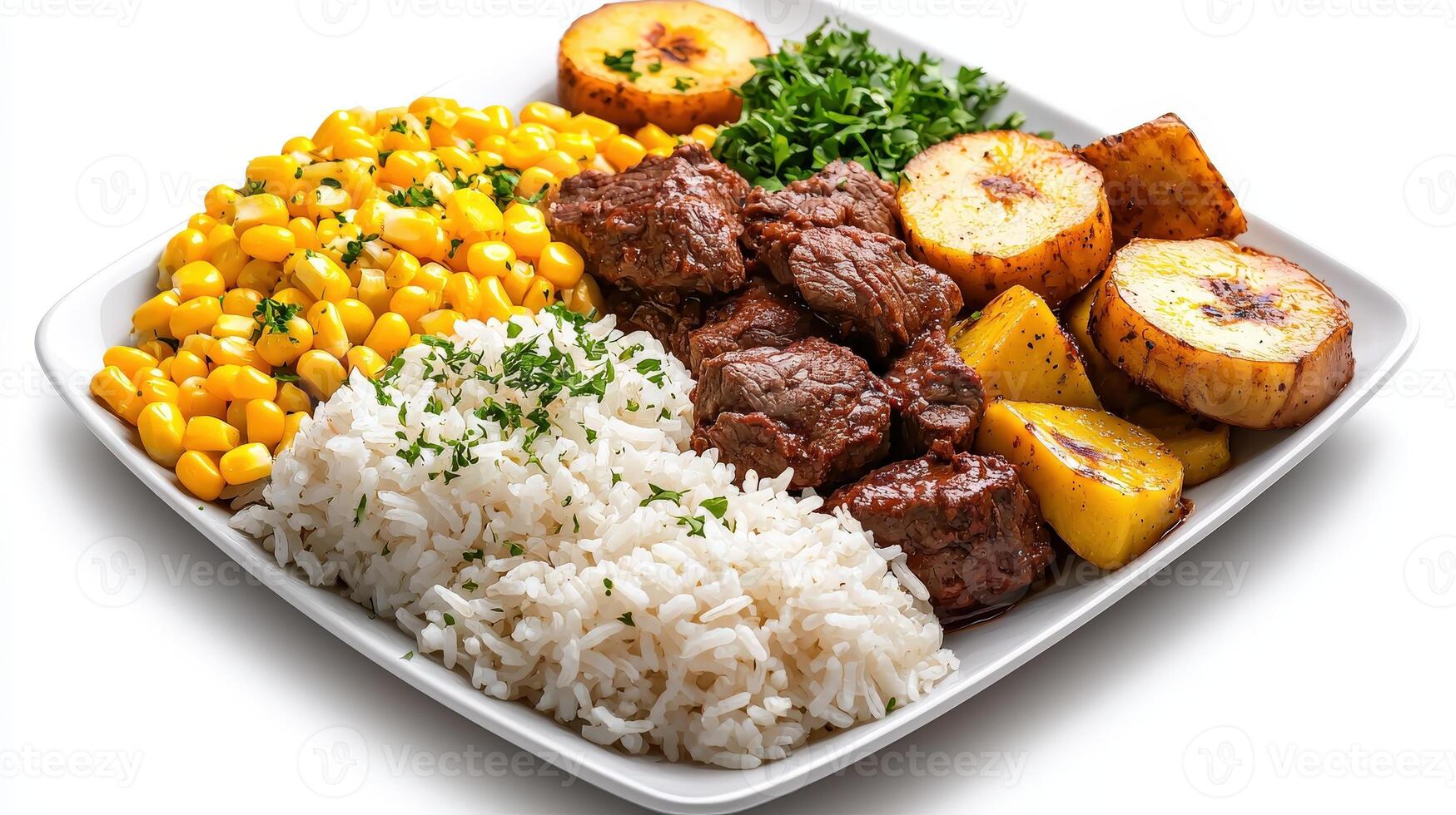 A plate with meat, rice and corn on it photo