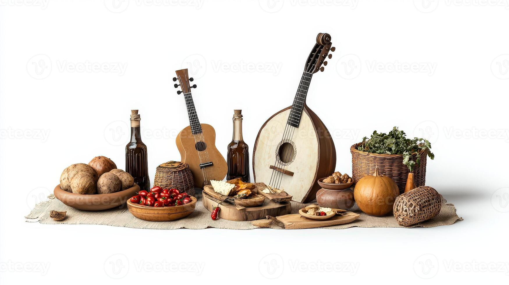Various musical instruments and food on a table photo