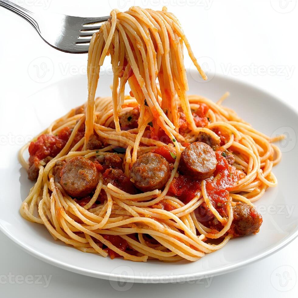 A plate of spaghetti and meatballs with a fork photo