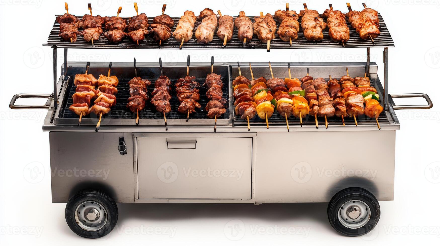 A barbecue cart with meat on skewers photo