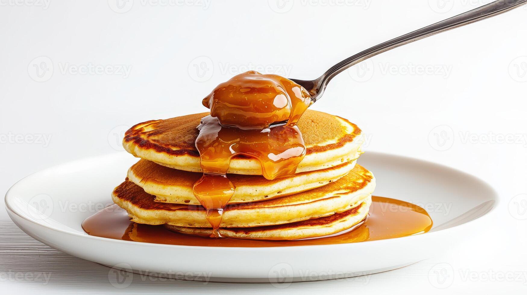 A stack of pancakes with syrup and a spoon photo