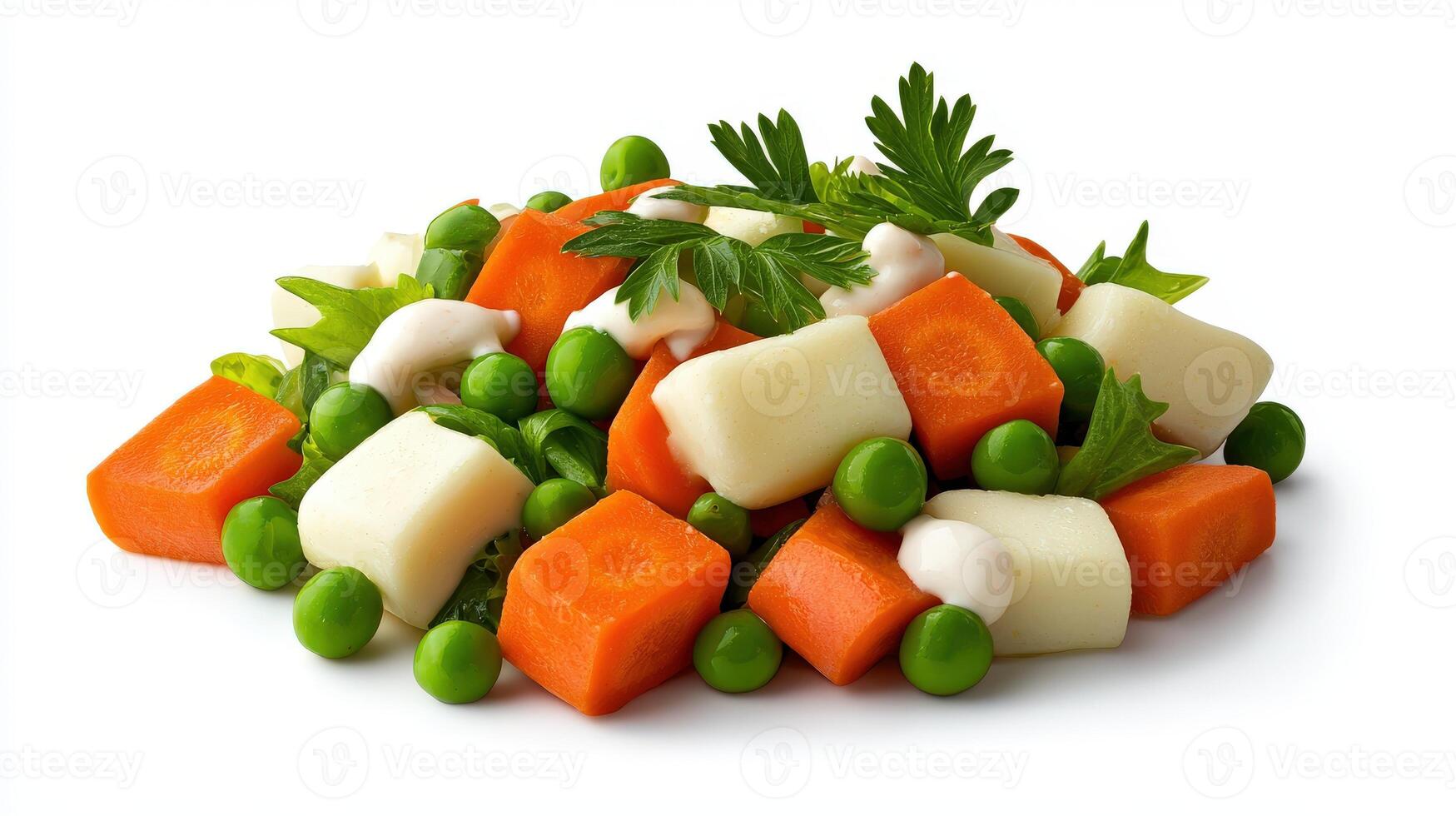 A pile of vegetables with carrots, peas and parsley photo