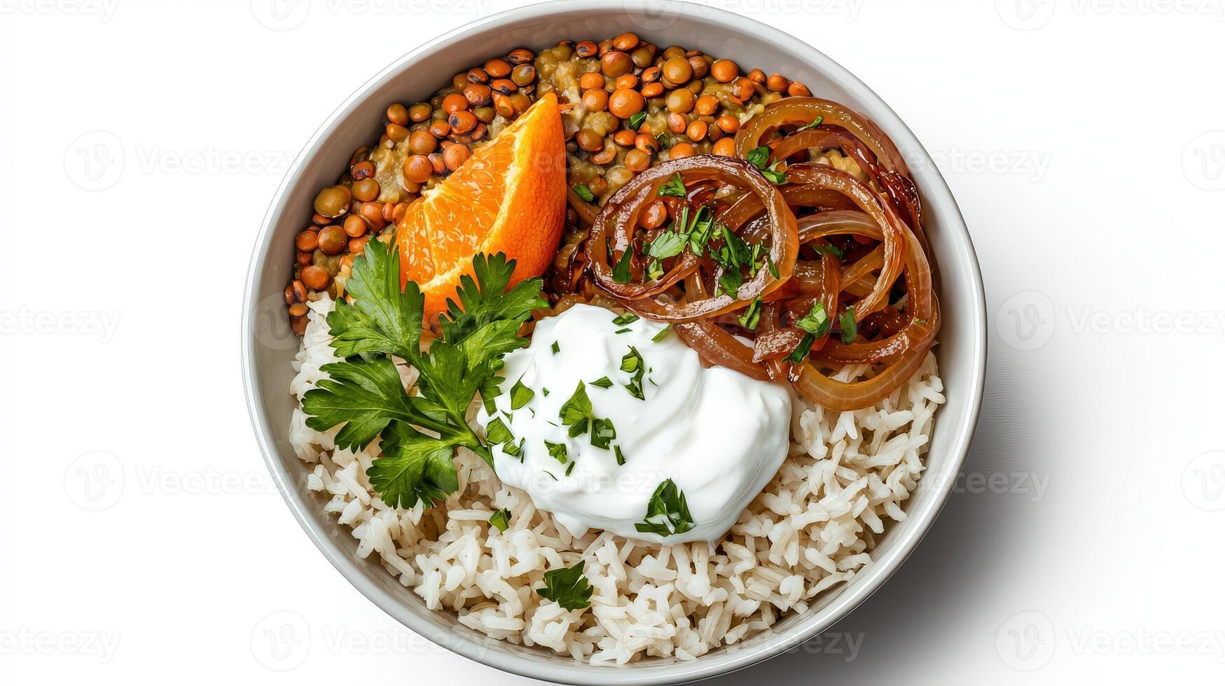 A bowl of rice, beans, and vegetables with sour cream photo