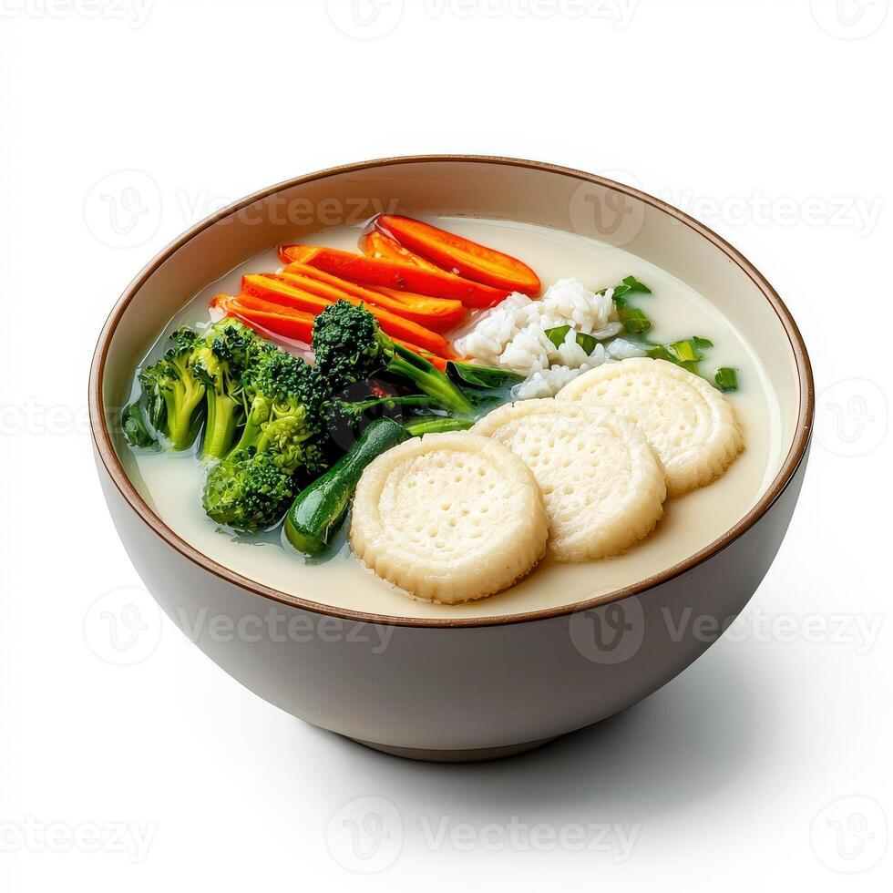A bowl of soup with vegetables and biscuits photo