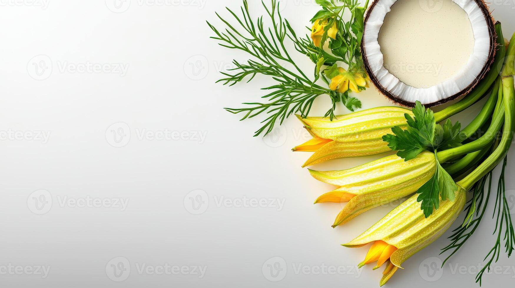 Fresh herbs and vegetables with coconut on white background photo