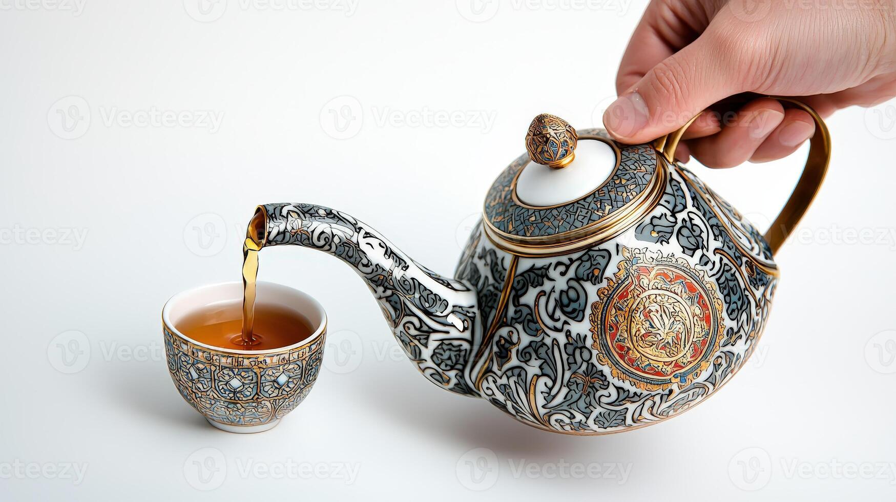 A person pours tea into a cup from a teapot photo