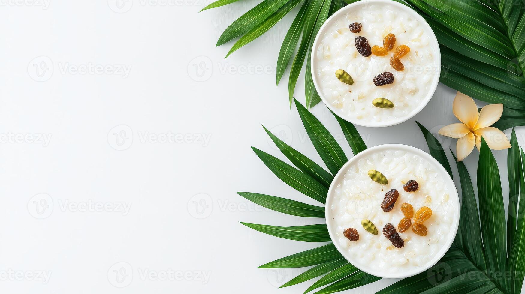 Rice pudding with coconut and palm leaves on white background photo