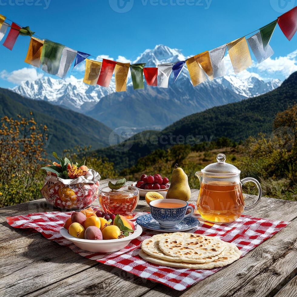 A table with food and a flag on it photo