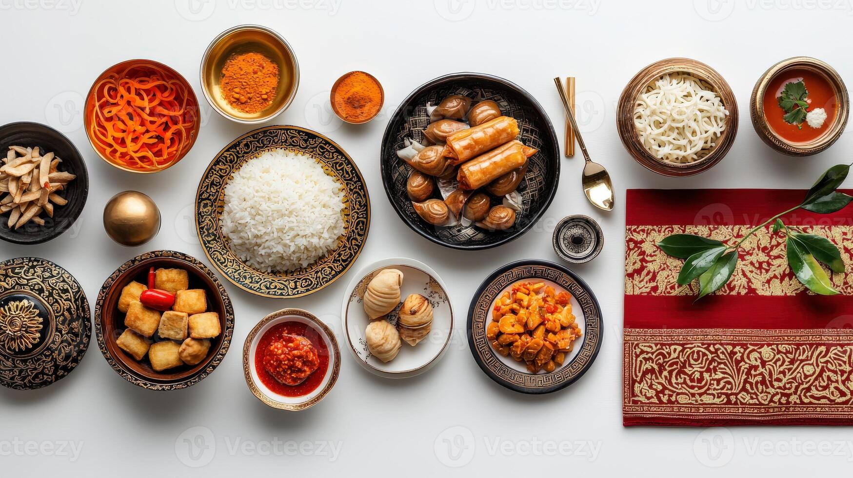 A variety of different dishes are arranged on a white table photo