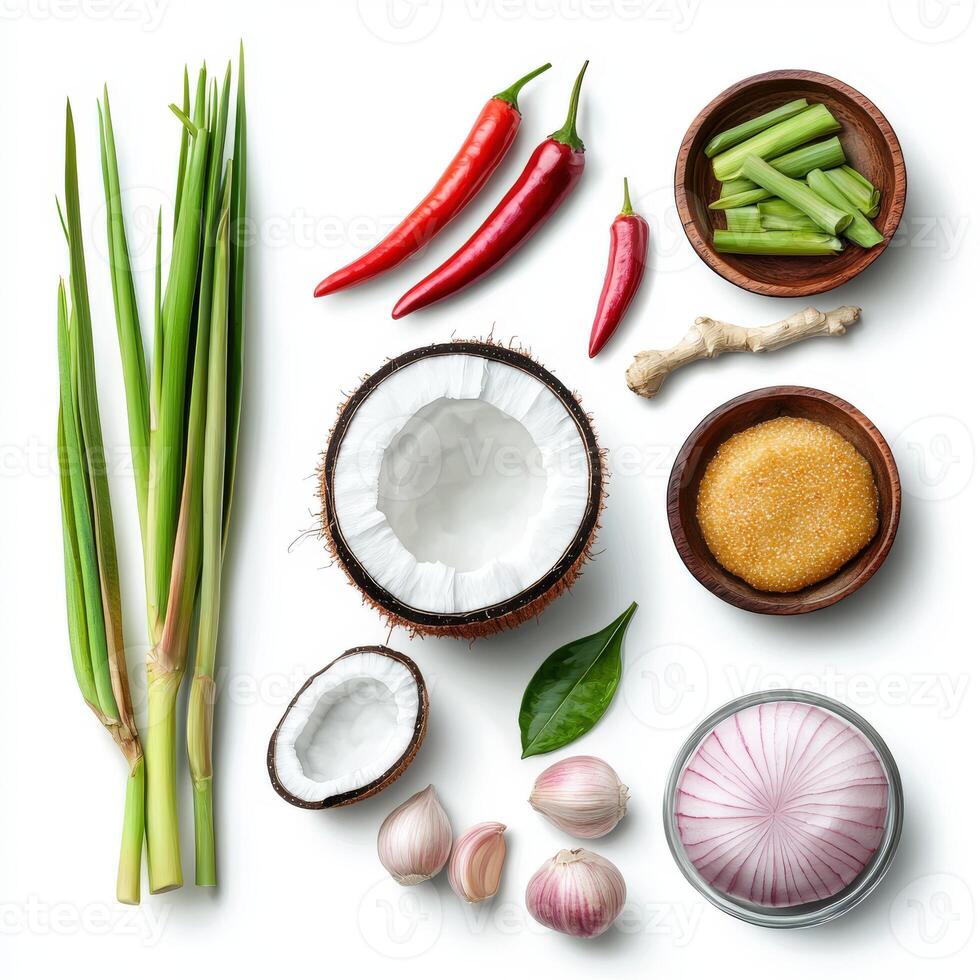 Various ingredients for thai food, including garlic, ginger, green onions, and coconut milk photo