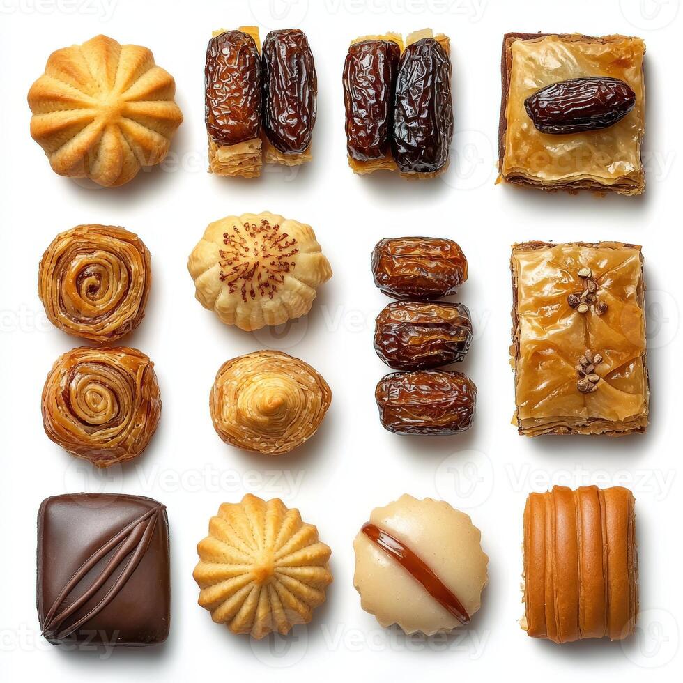 Various types of pastries on a white background photo