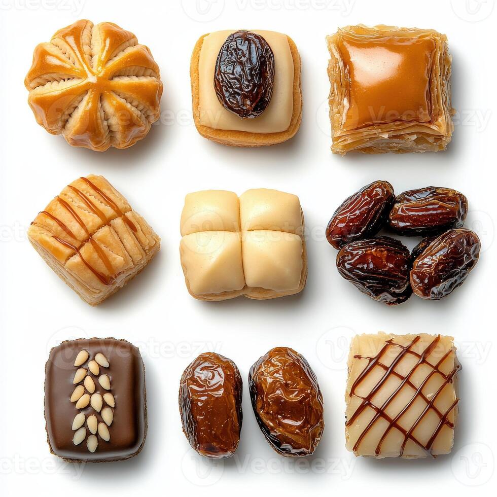 Various types of dates and nuts on a white background photo