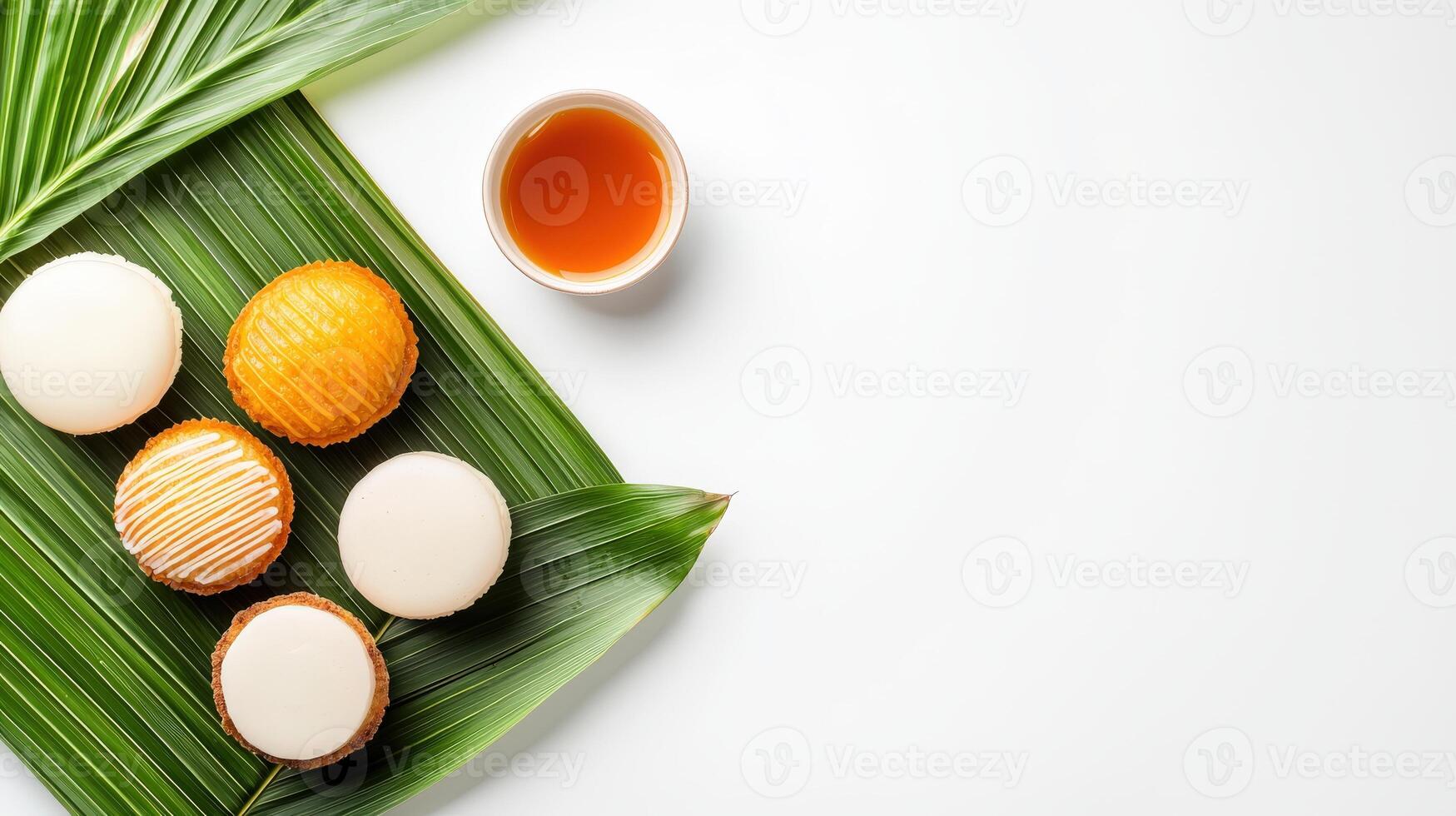 A plate of cookies and a cup of tea on a green leaf photo