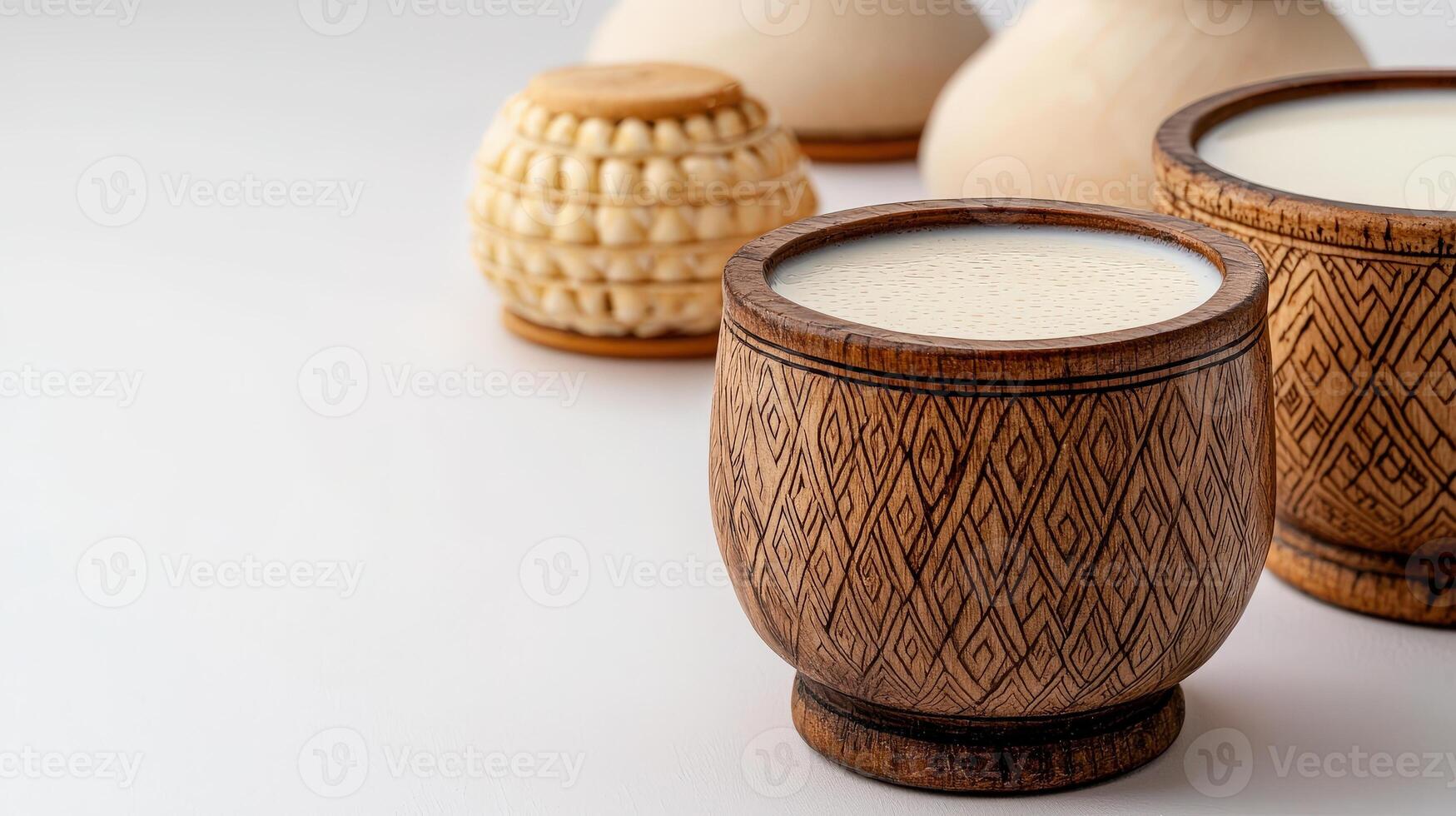 A wooden cup with milk and a wooden bowl photo