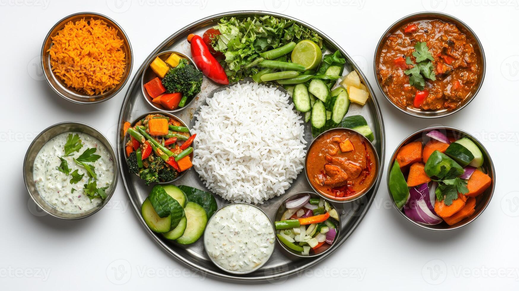 A variety of indian food is arranged on a silver platter photo