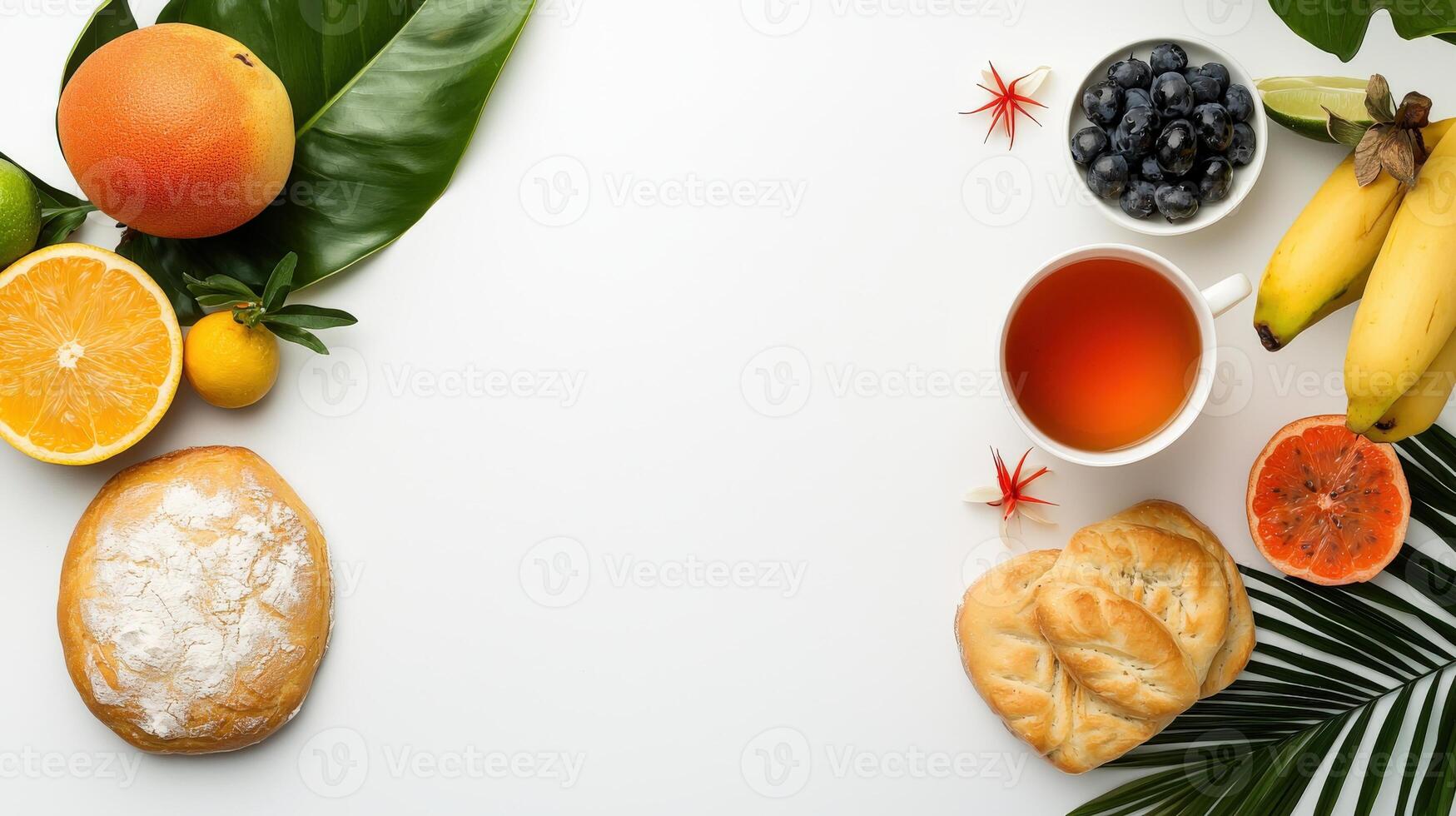 Fresh fruits and vegetables arranged on a white background photo