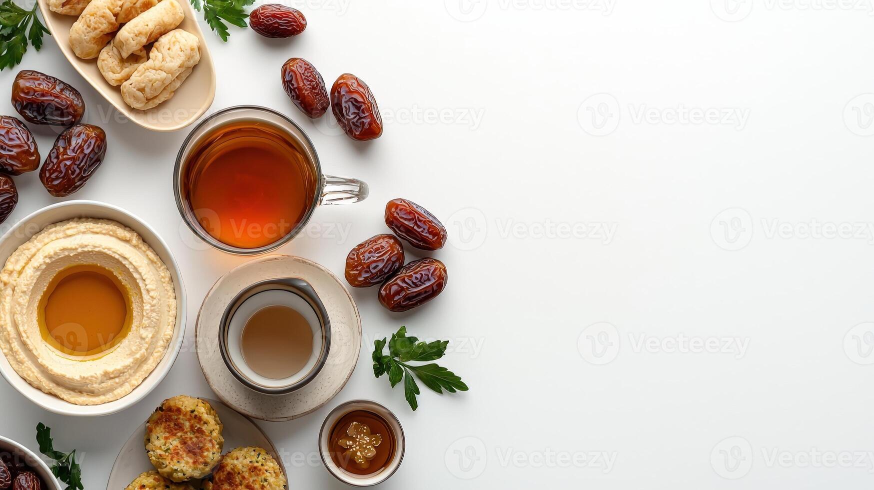 Hummus, dates, pita bread, tea and coffee on white background photo