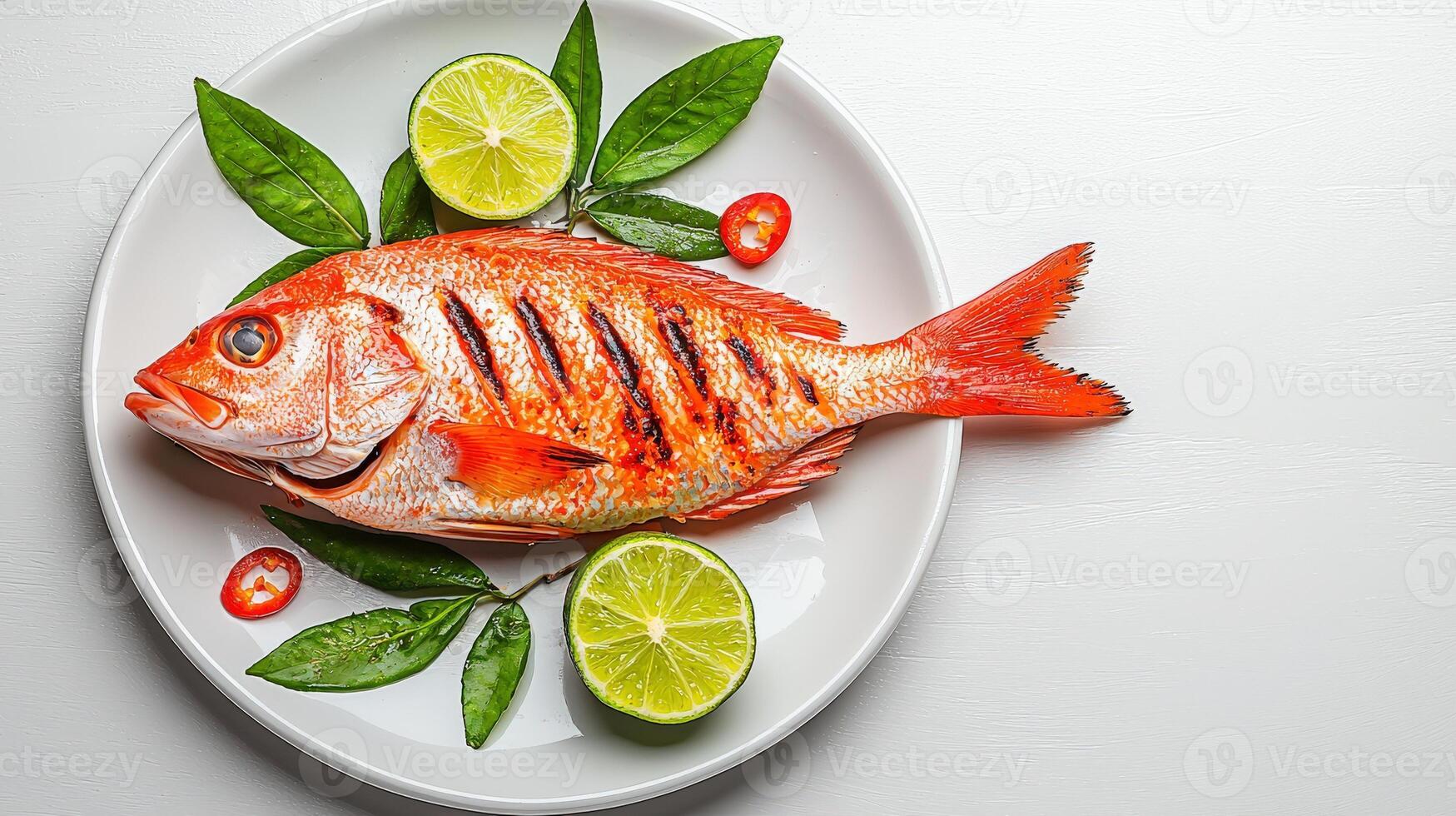 Grilled fish with lime and herbs on a white plate photo
