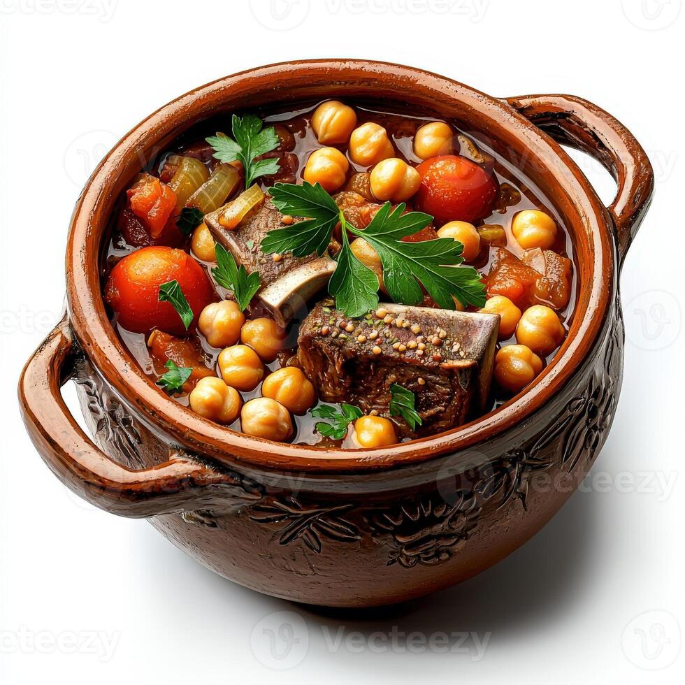 A bowl of stew with meat, vegetables and chickpeas photo