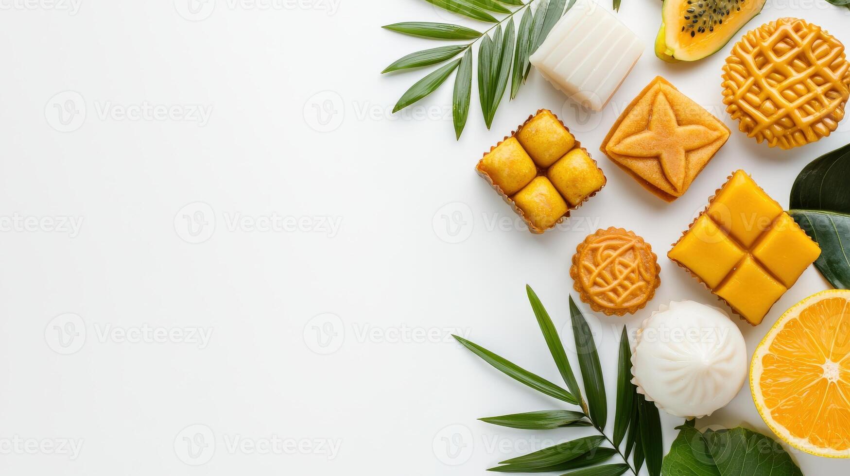 Various types of mooncakes and other sweets on a white background photo