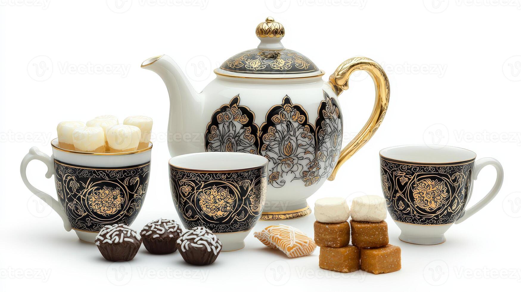 A white and black tea pot with a gold handle photo