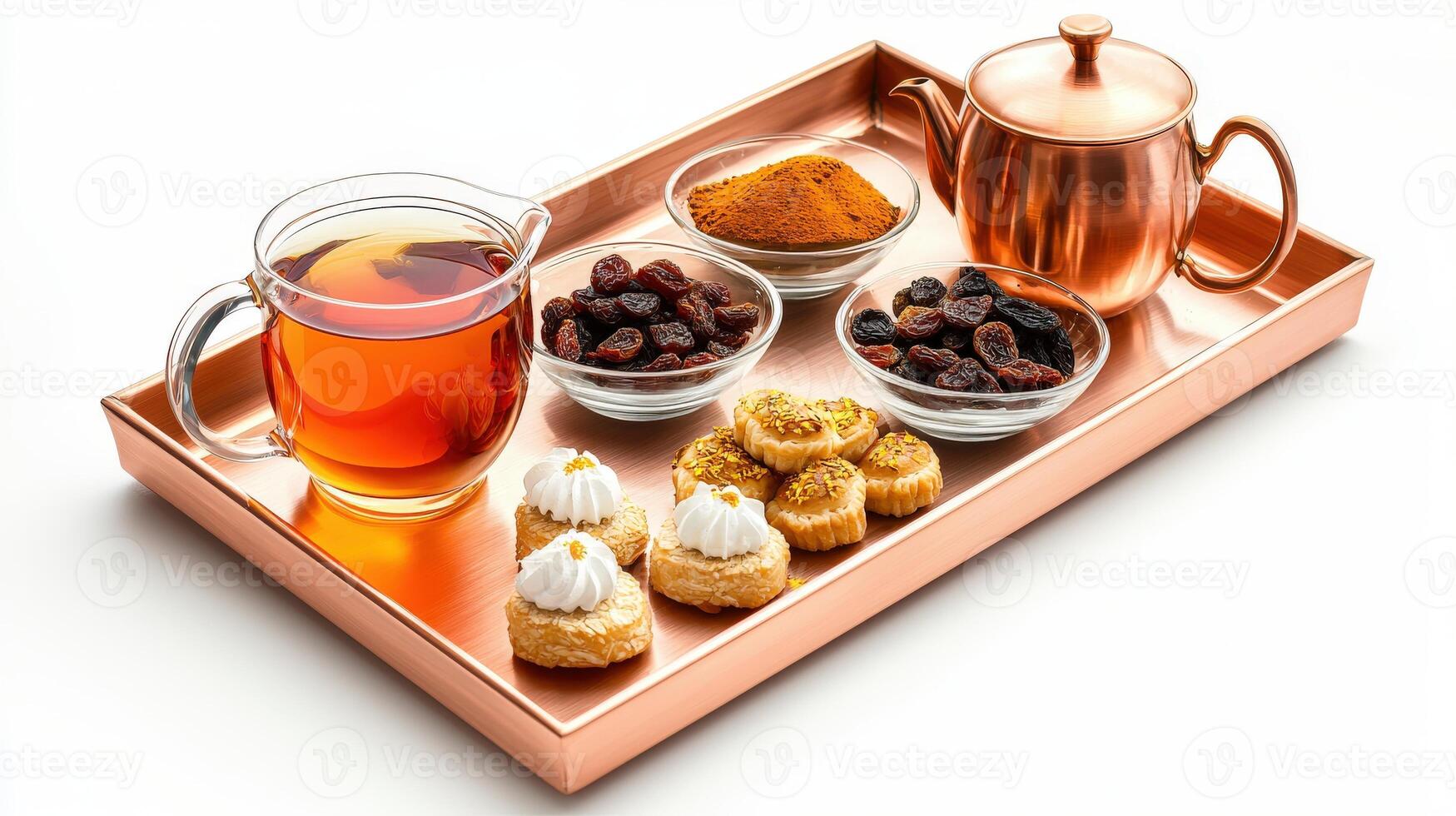 A tray with tea, cookies and other food photo