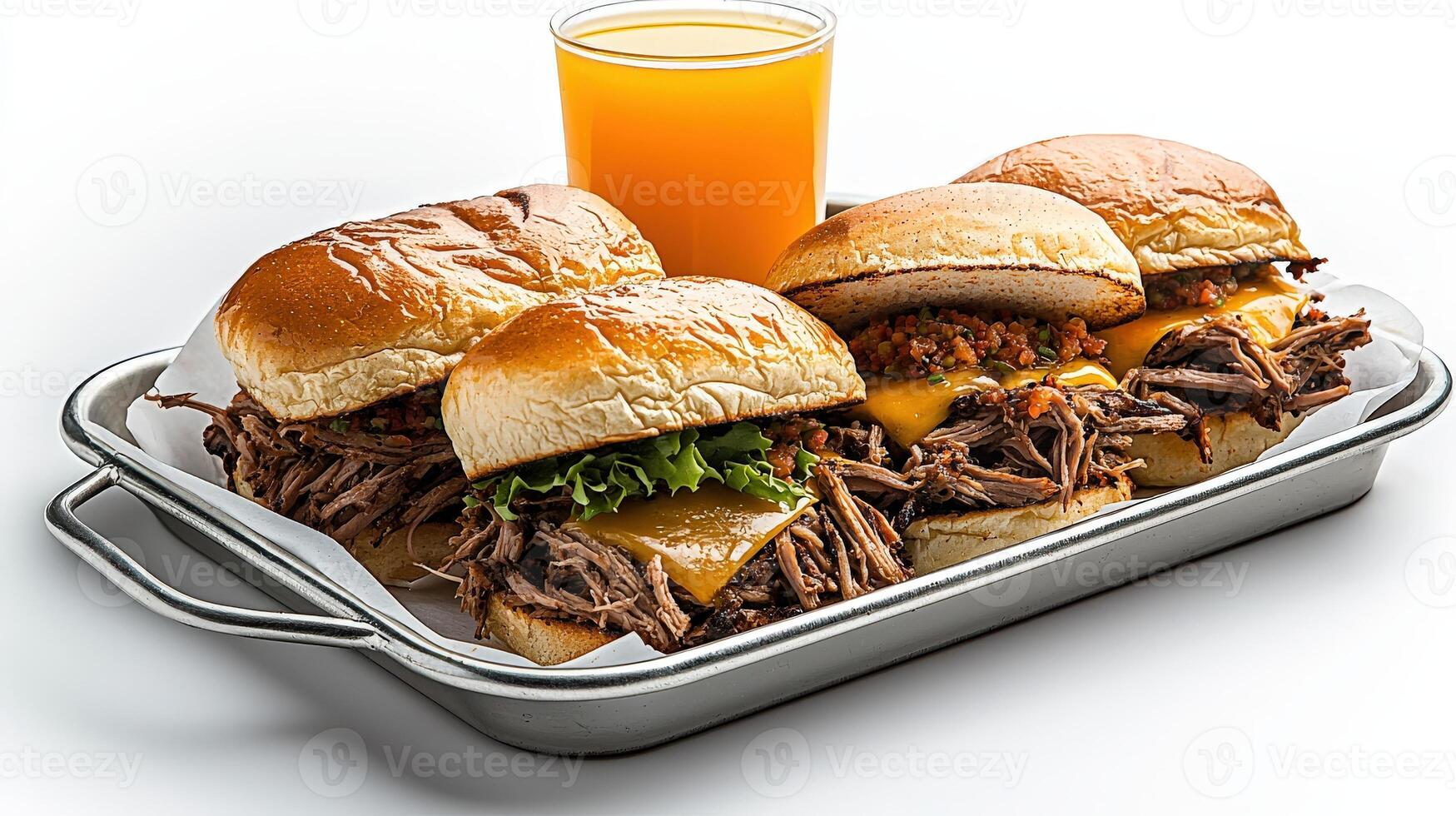 A tray with three pulled pork sandwiches on it photo