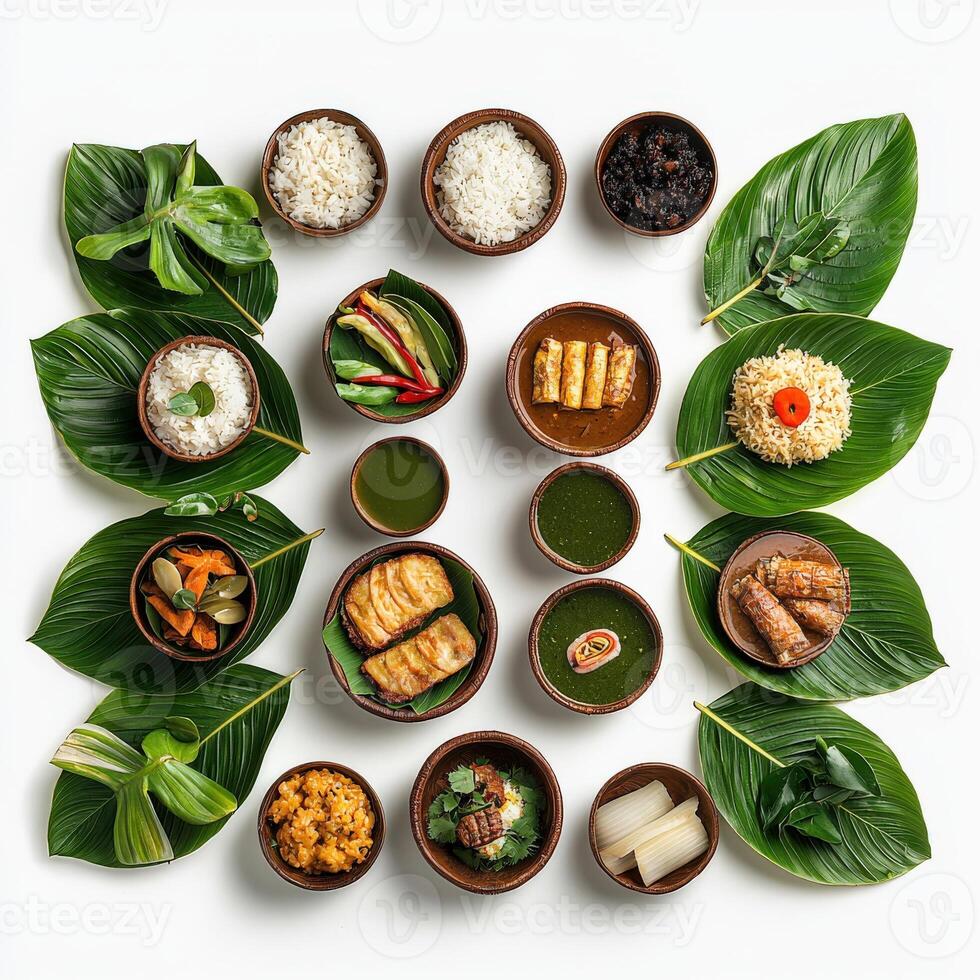 A circular arrangement of different types of food on leaves photo