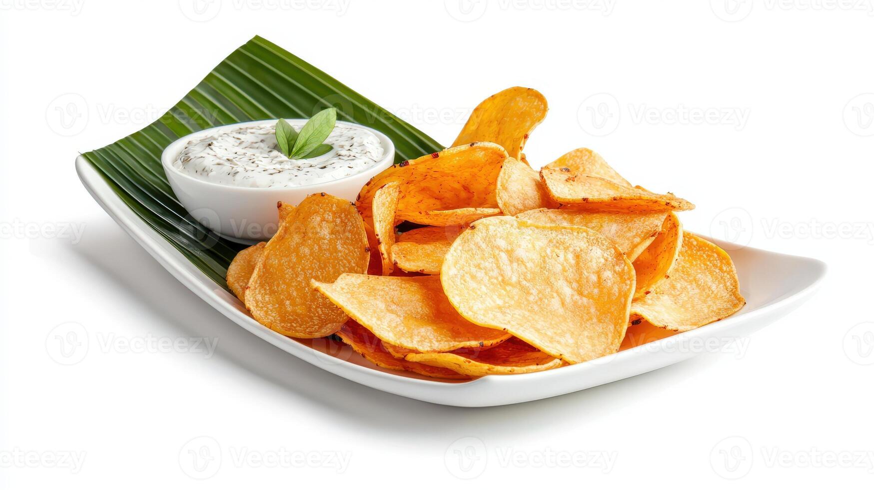 Potato chips with dip on white background photo