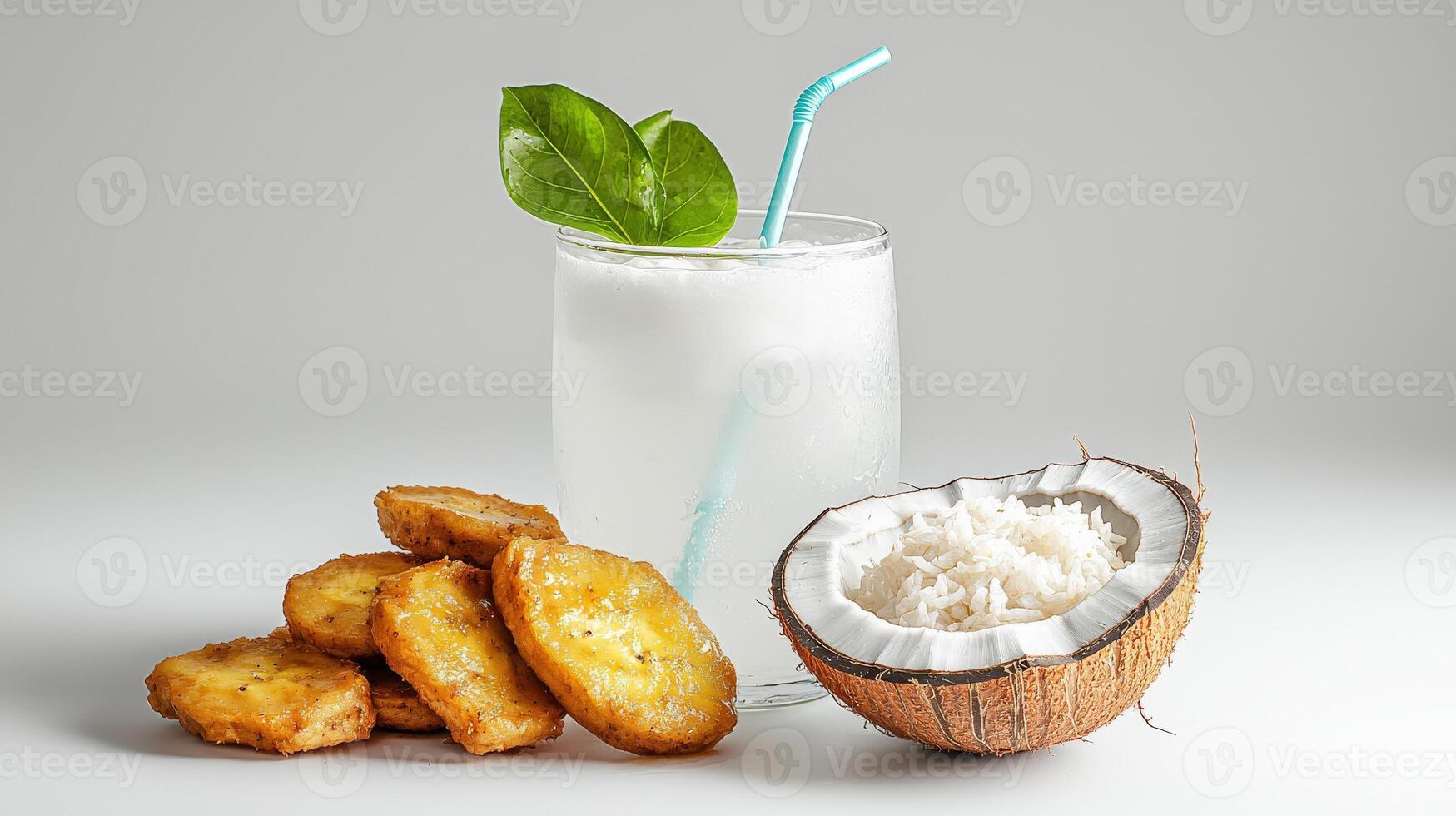 A glass of milk and a coconut photo