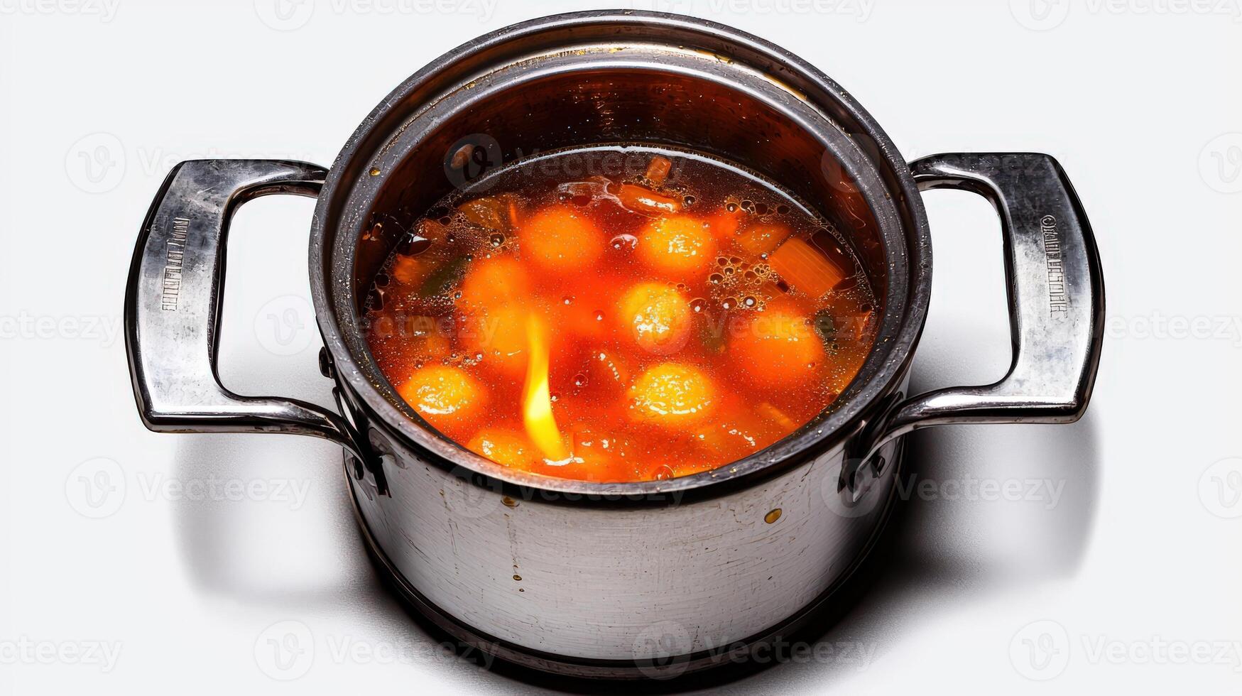 A pot of soup with carrots and onions photo