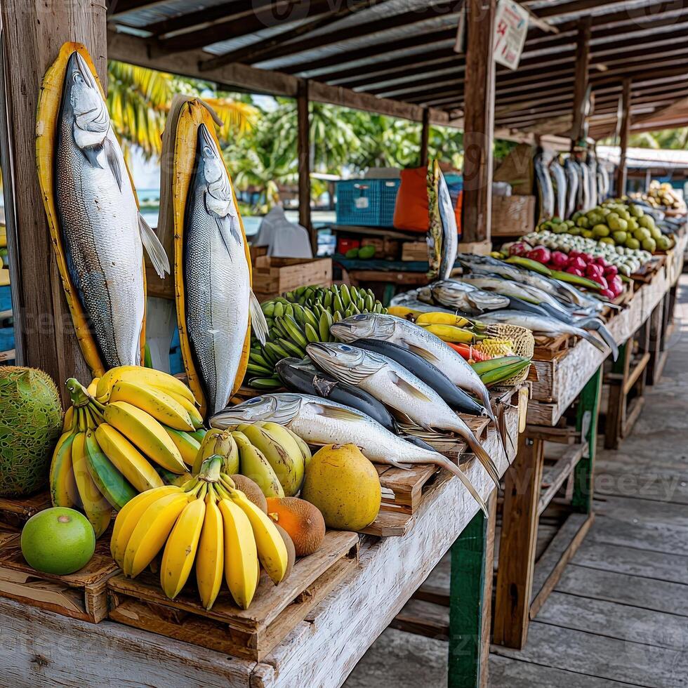 A table with fruit and fish on it photo