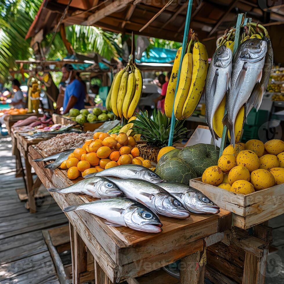 A fruit and vegetable stand with fish, bananas, and oranges photo