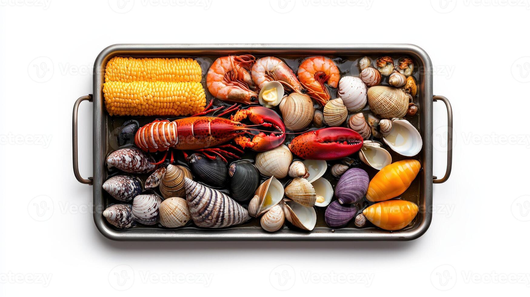 A tray filled with various seafood and vegetables photo