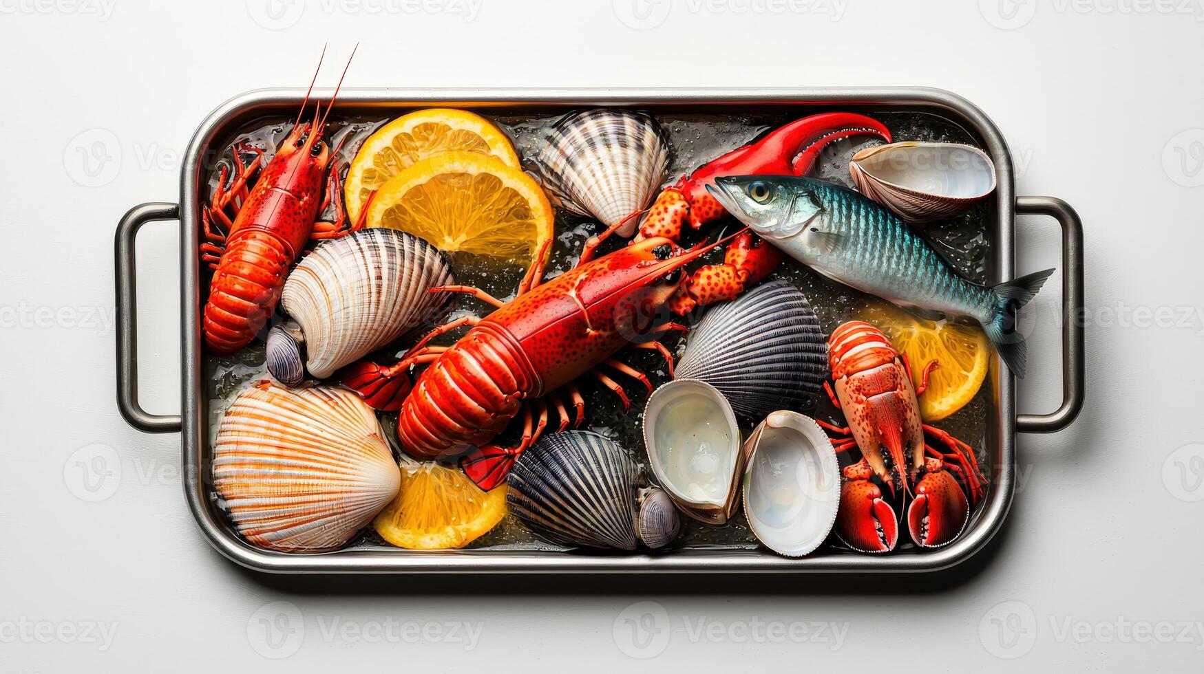 A pan with seafood and orange slices photo