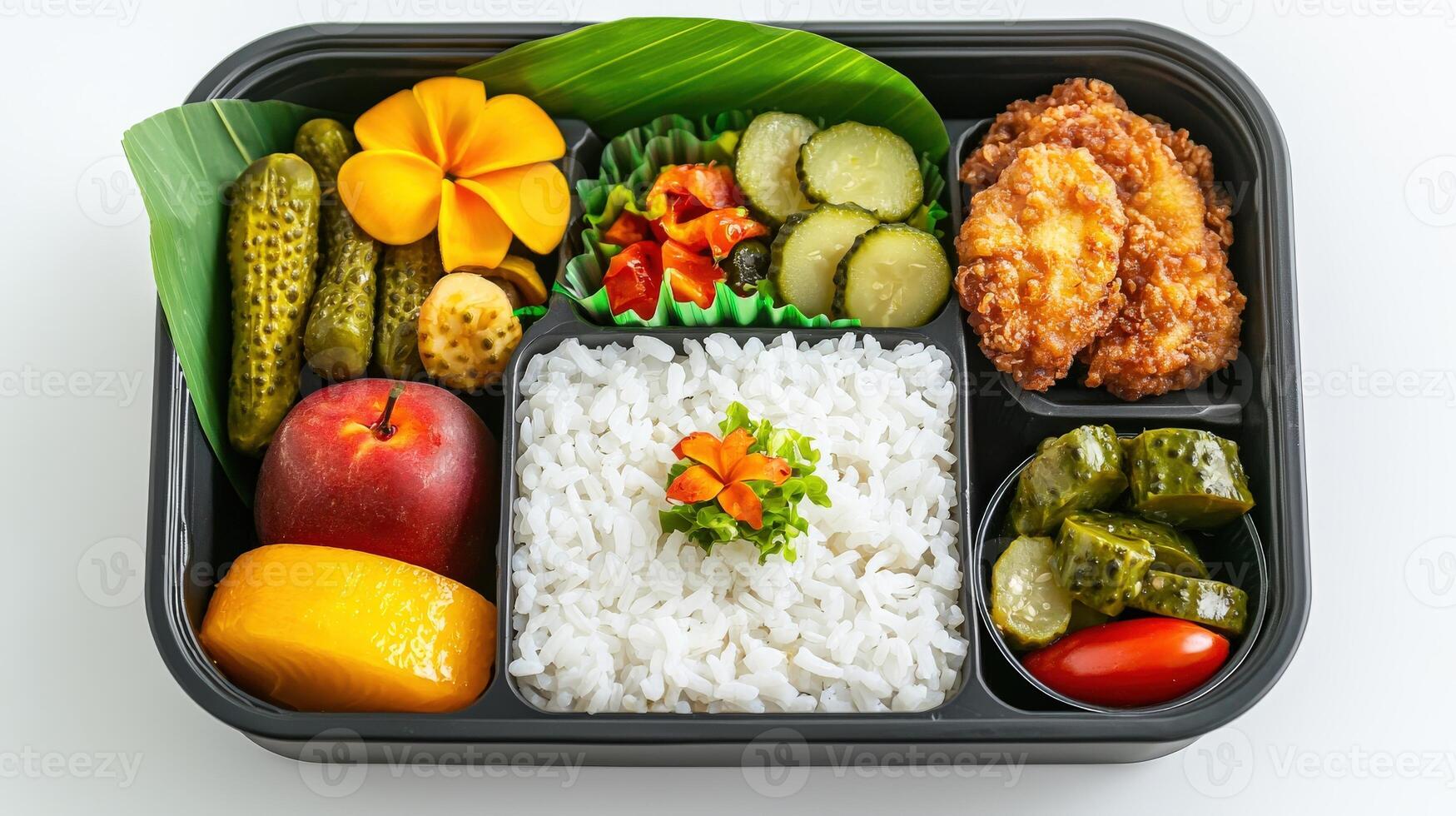 A bento box with rice, vegetables, and meat photo