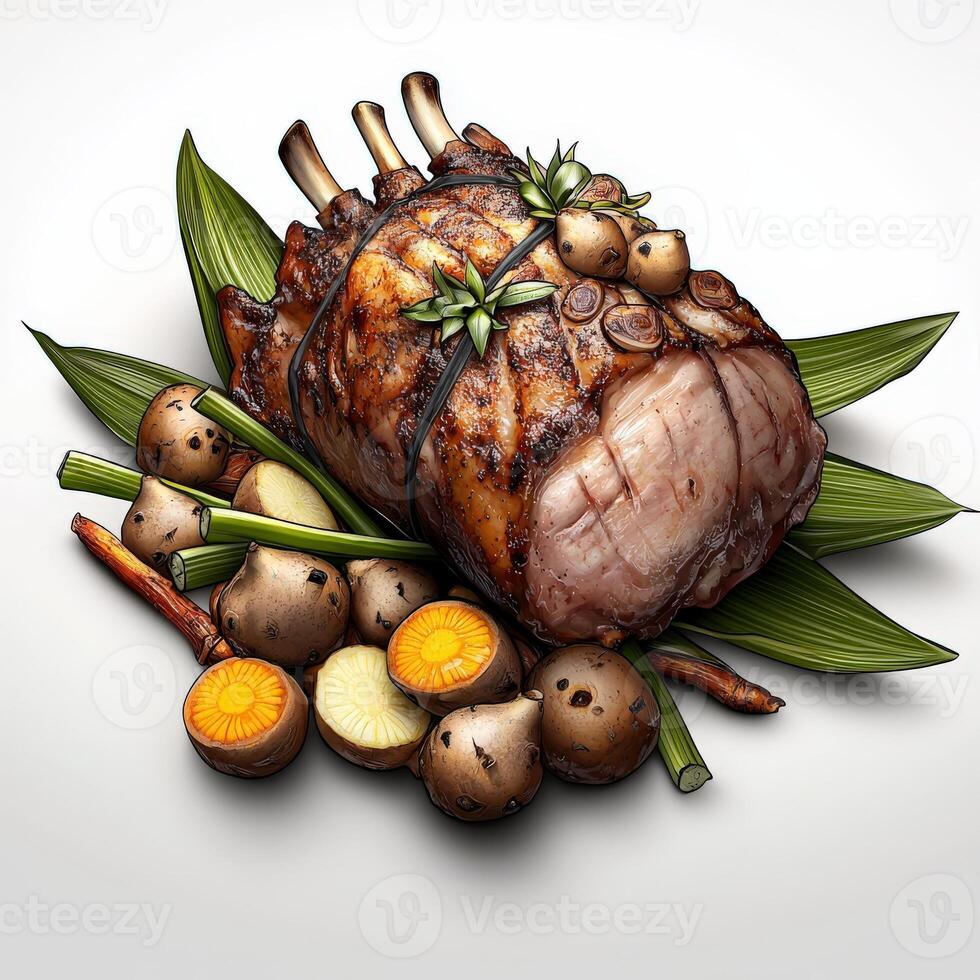 A piece of meat with potatoes and herbs on a white background photo