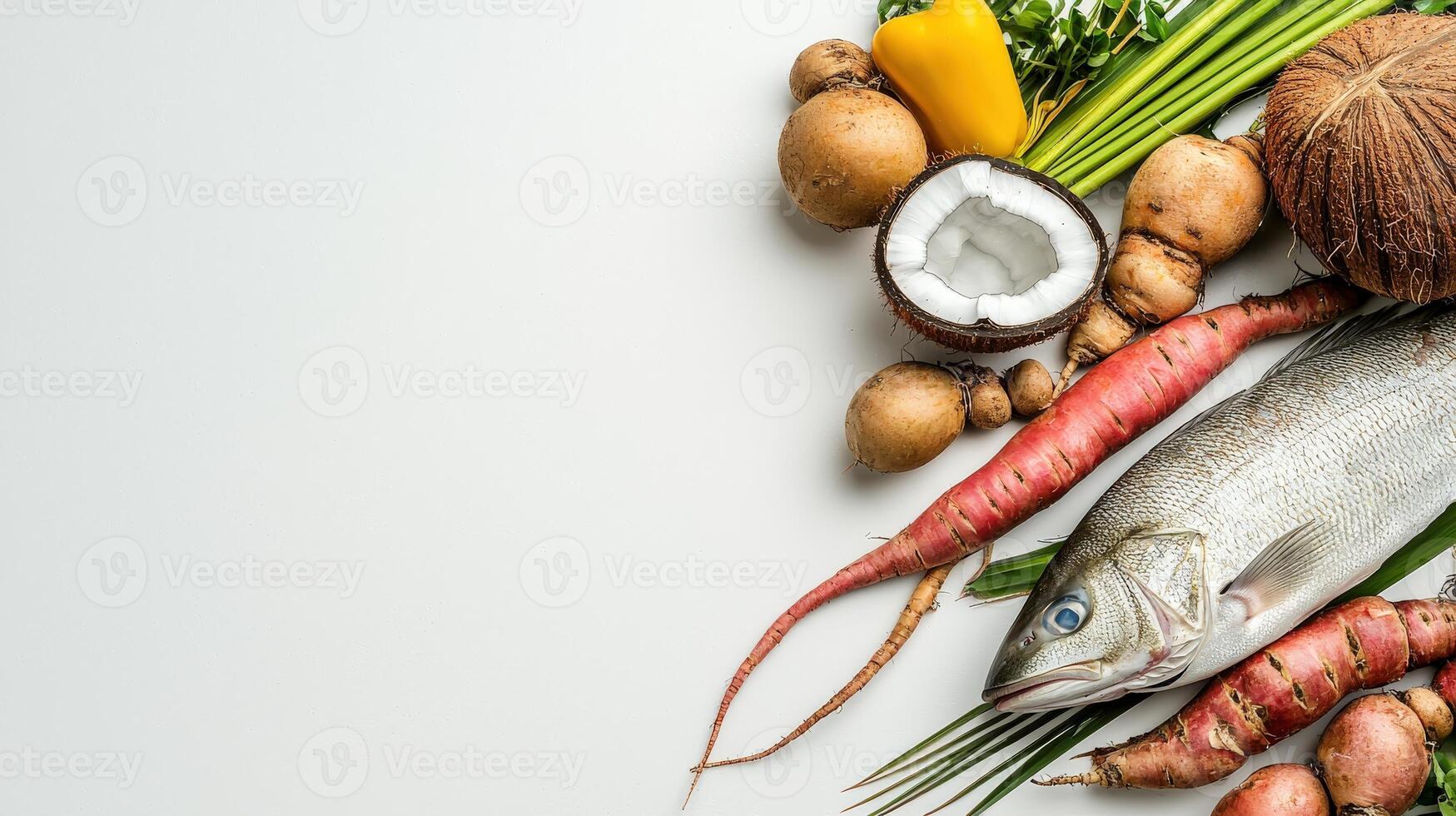Fish, vegetables and coconut on white background photo
