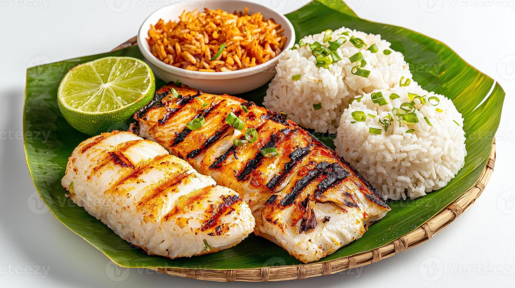 Grilled fish and rice on a banana leaf photo
