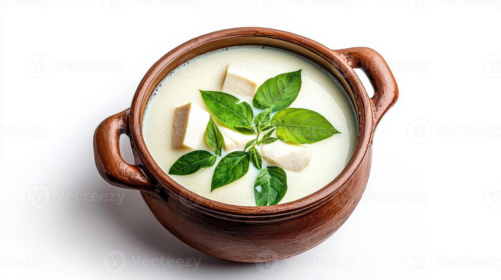 A bowl of creamy soup with basil leaves on a white background photo