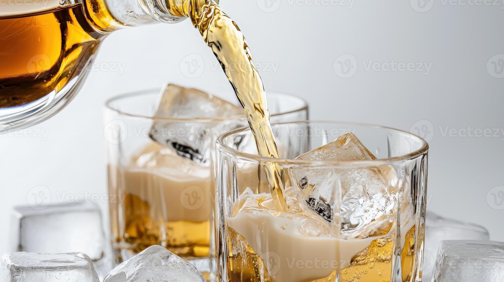 Whiskey is poured into two glasses with ice photo