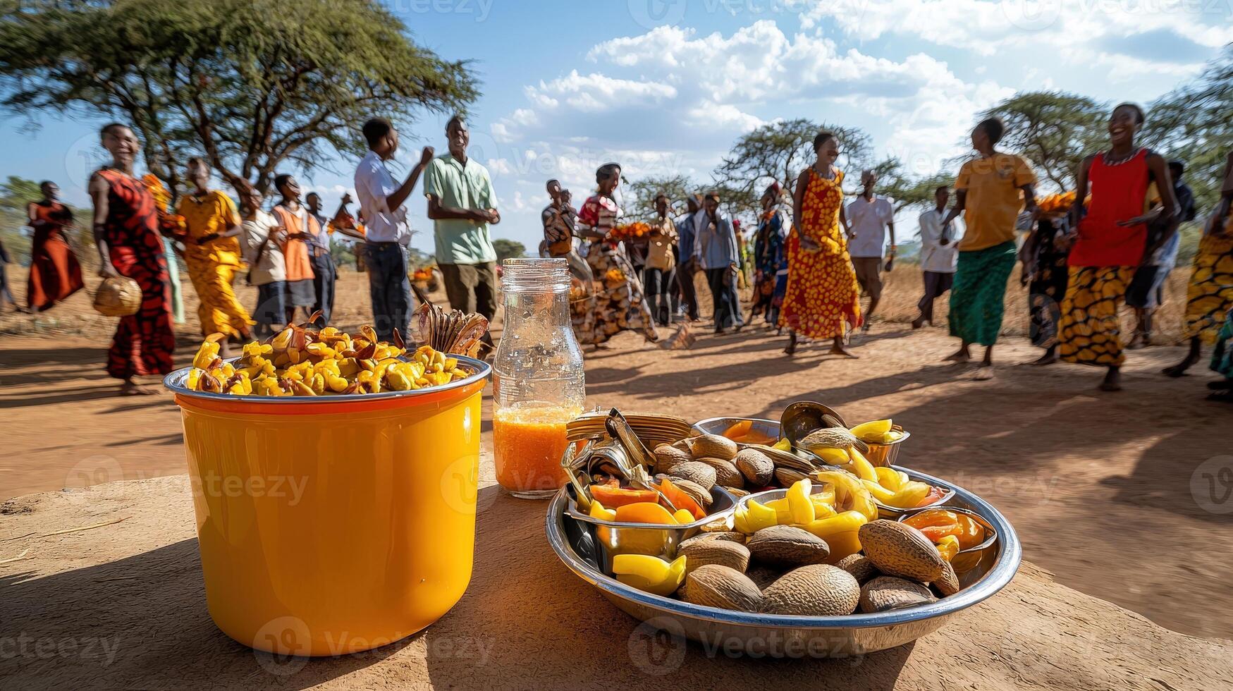 A group of people standing around a table with a bowl of fruit photo