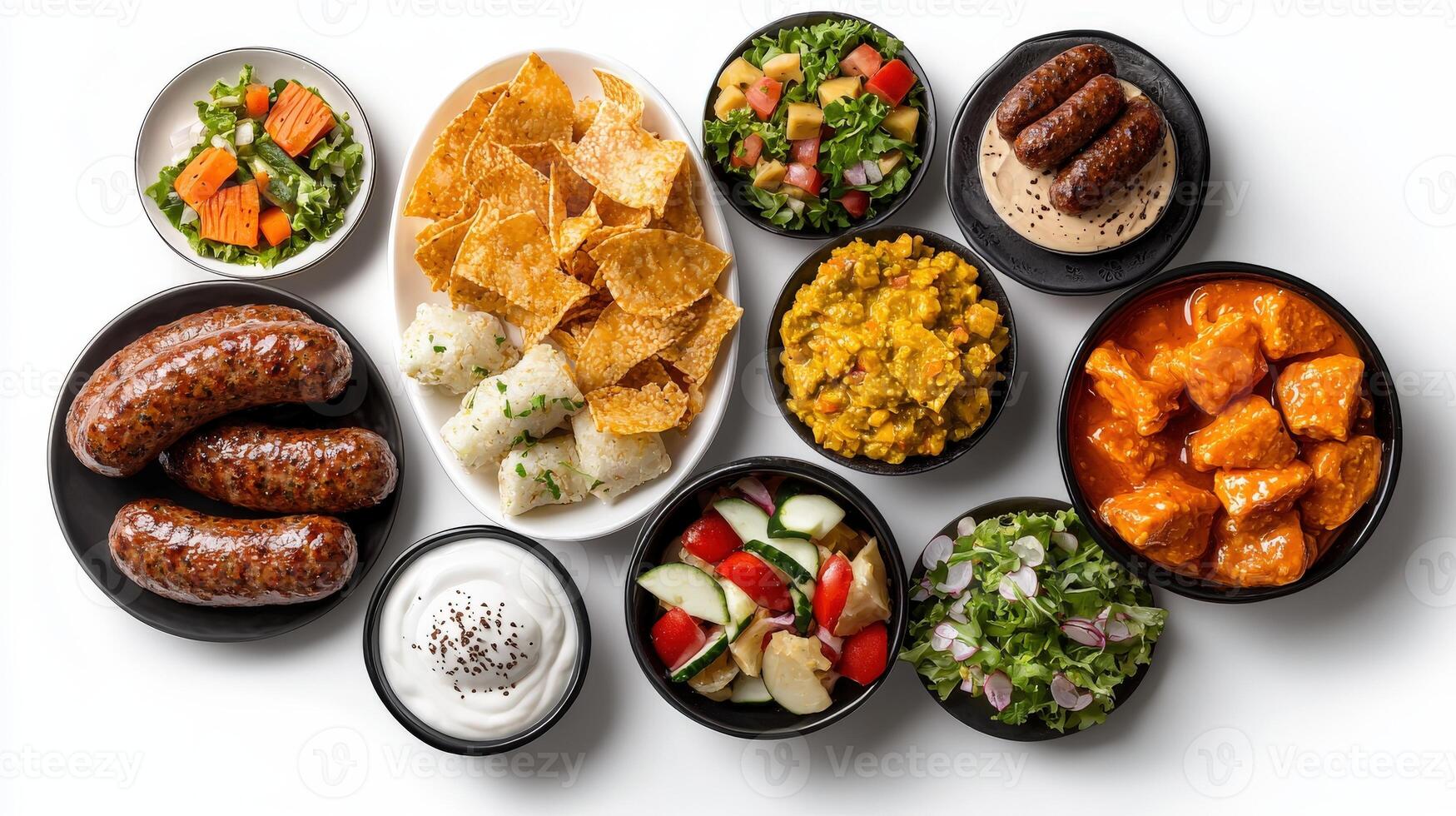 A variety of different foods including chips, meat, and vegetables photo